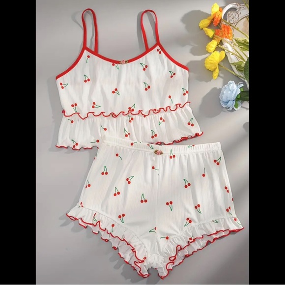 White & Red, Cherry, Pajama Set - Picture 4 of 10